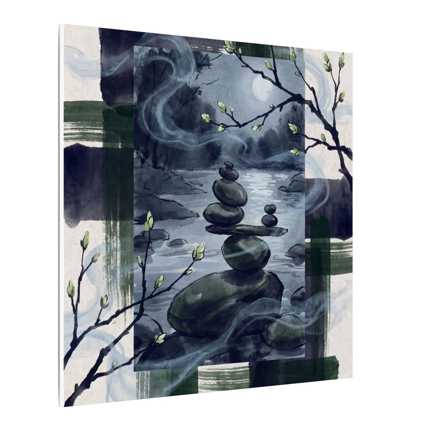 Moonlight River Stones Canvas Art - Zen Shibui