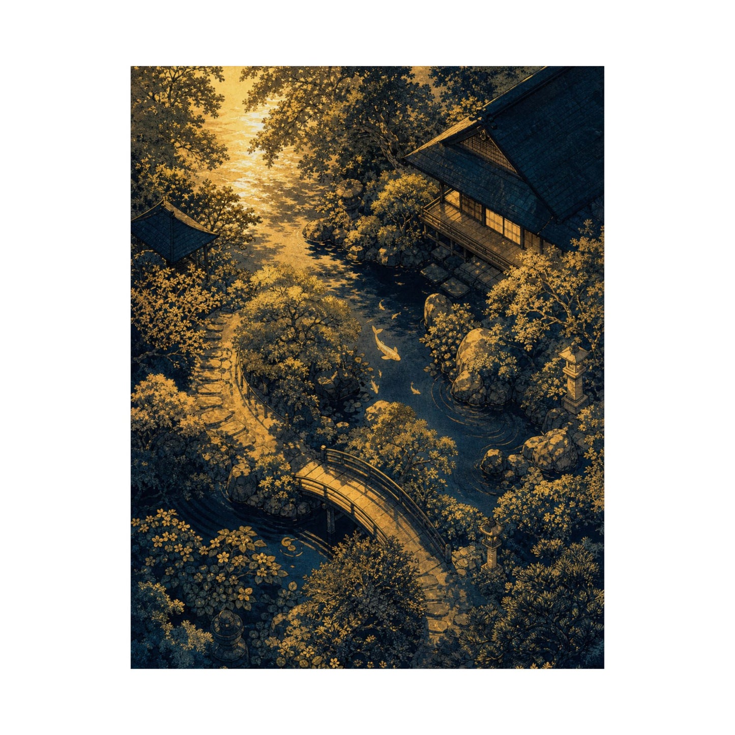 Moonlit Garden Ukiyo E Inspired Wall Art Print | Calm Zen Art