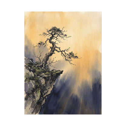 Zen Pine Tree in Golden Hour | Sumi E Canvas Art
