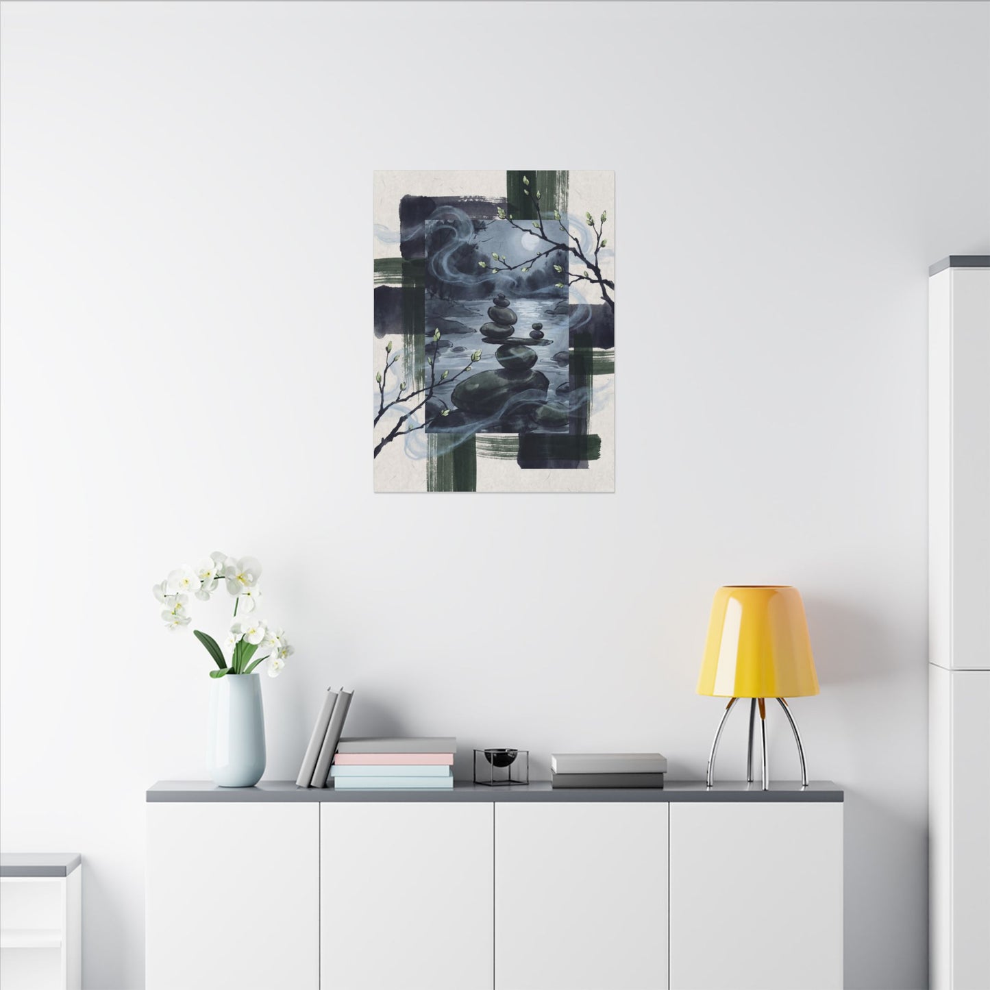 Moonlight River Stones Canvas Art - Zen Shibui
