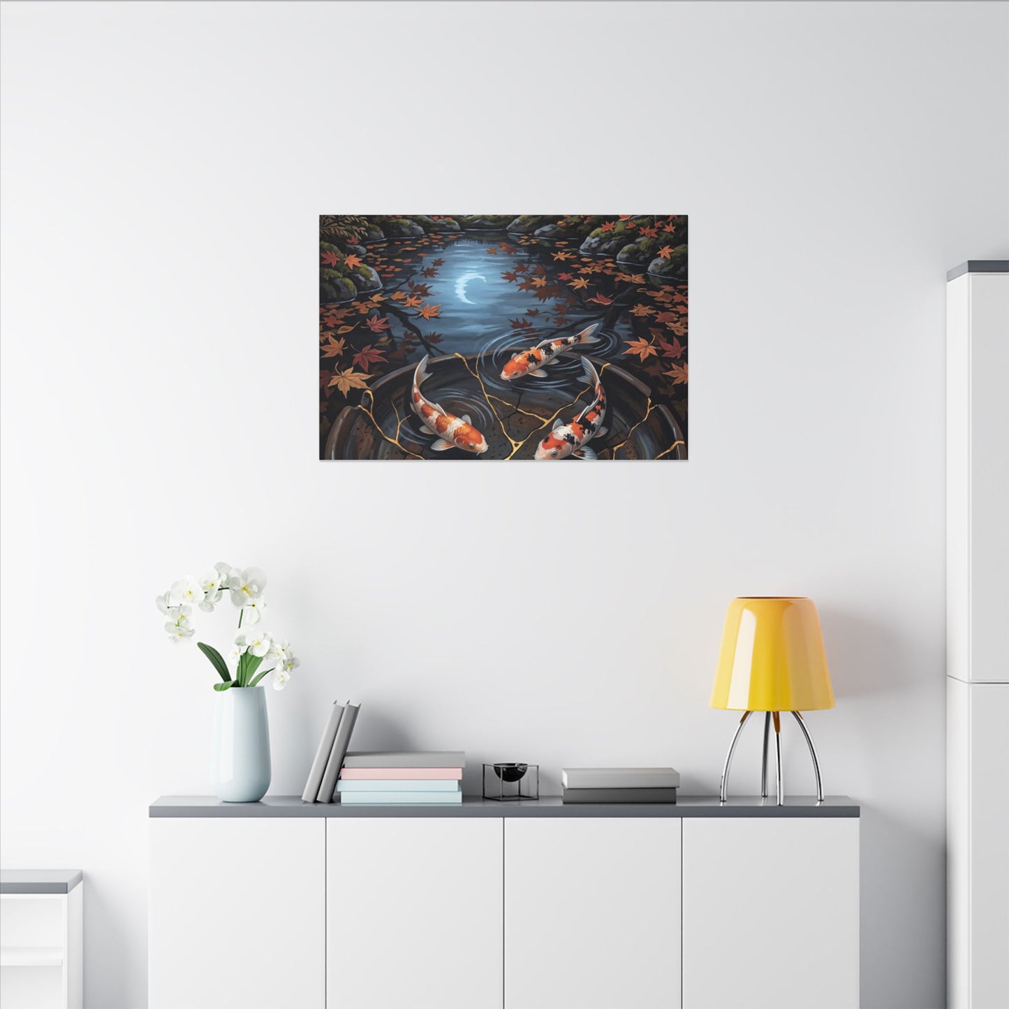 Koi Pond Canvas Art | Autumn Kintsugi Gold Repair Art