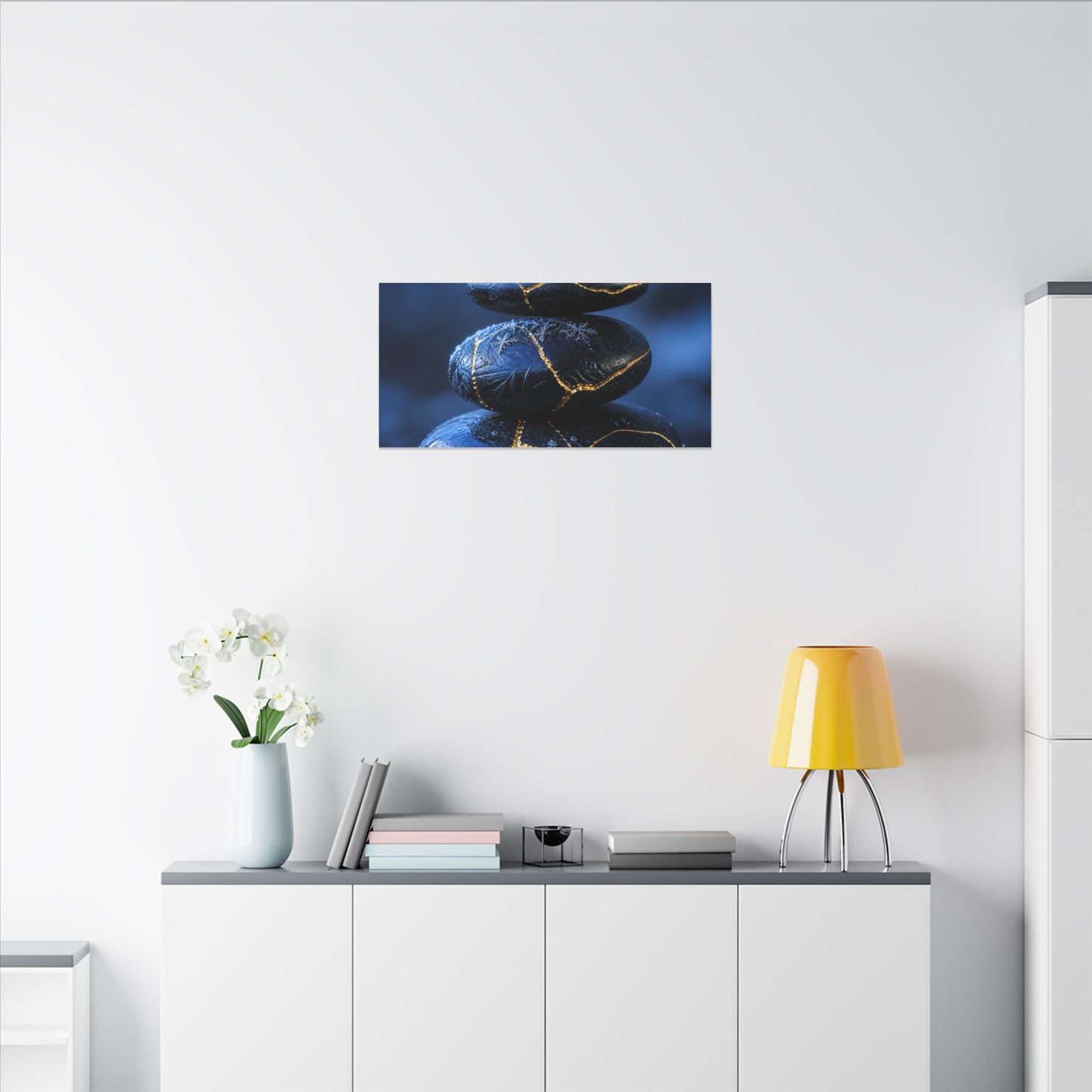River Stones Canvas Art | Winter Kintsugi Gold Repair Art