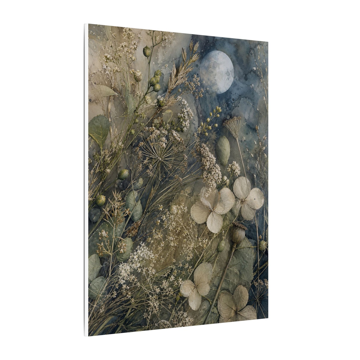 Japandi Dried Flowers in Moonlight | Watercolor Canvas Art