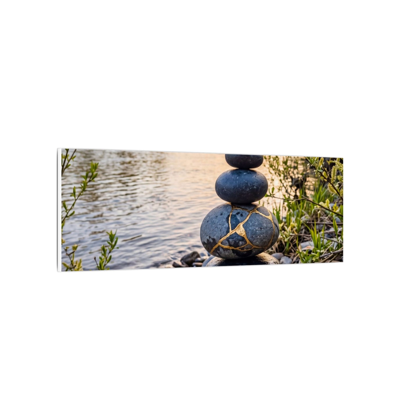 Kintsugi River Stones in Golden Hour | Gold Vein Canvas Art