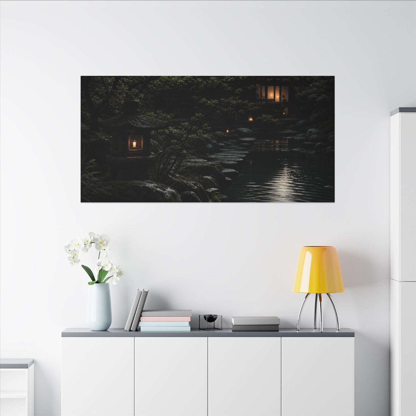 Moonlit Garden Shadow Zen Canvas Art | Sophisticated Dark Japandi Art