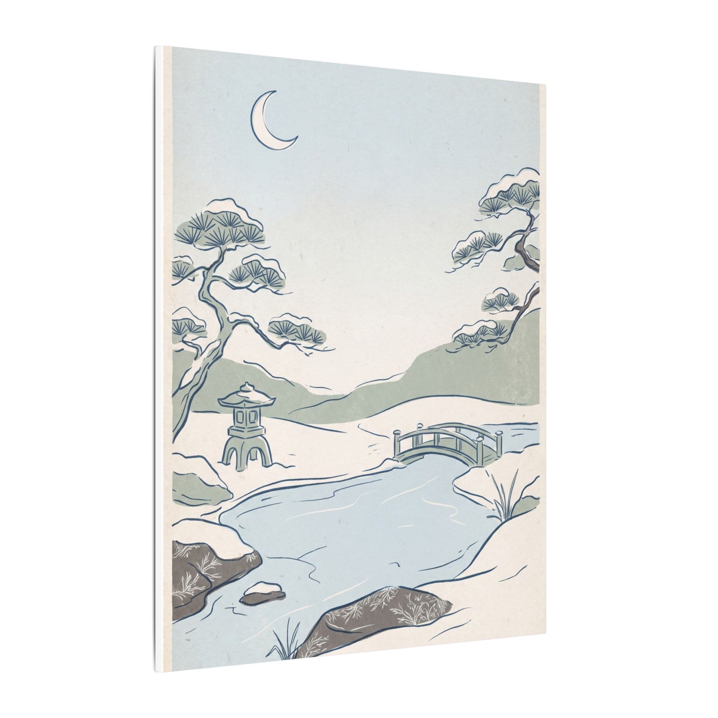 Japandi Moonlit Garden in Moonlight | Minimal Line Canvas Art