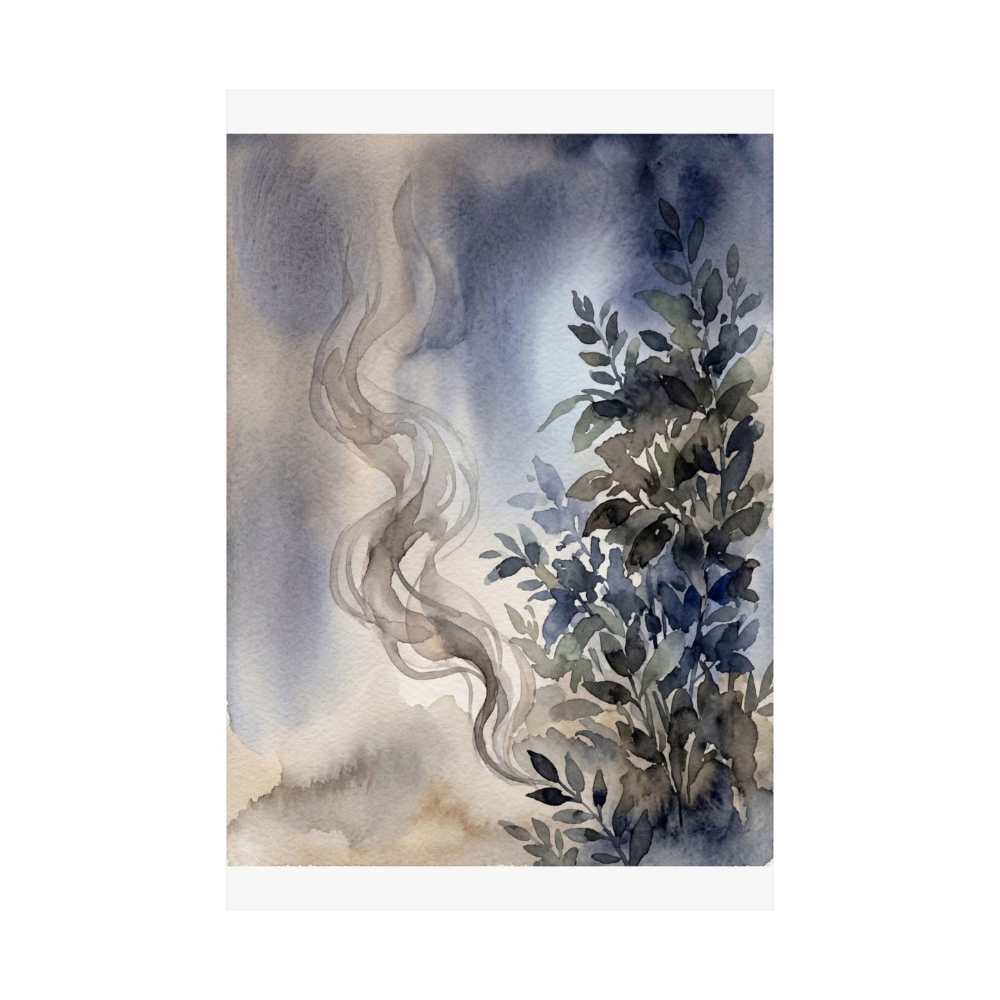 Japandi Incense Smoke in Moonlight | Watercolor Wall Art Print