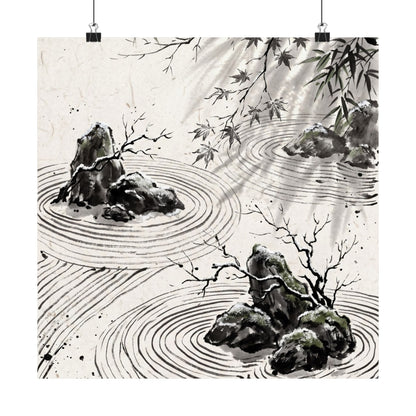 Winter Rock Garden Sumi E Wall Art Print | Serene Decor
