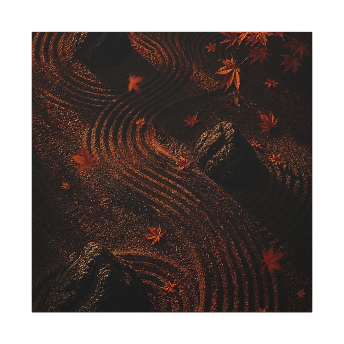 Dark Japandi Rock Garden in Golden Hour | Charcoal Ink Canvas Art