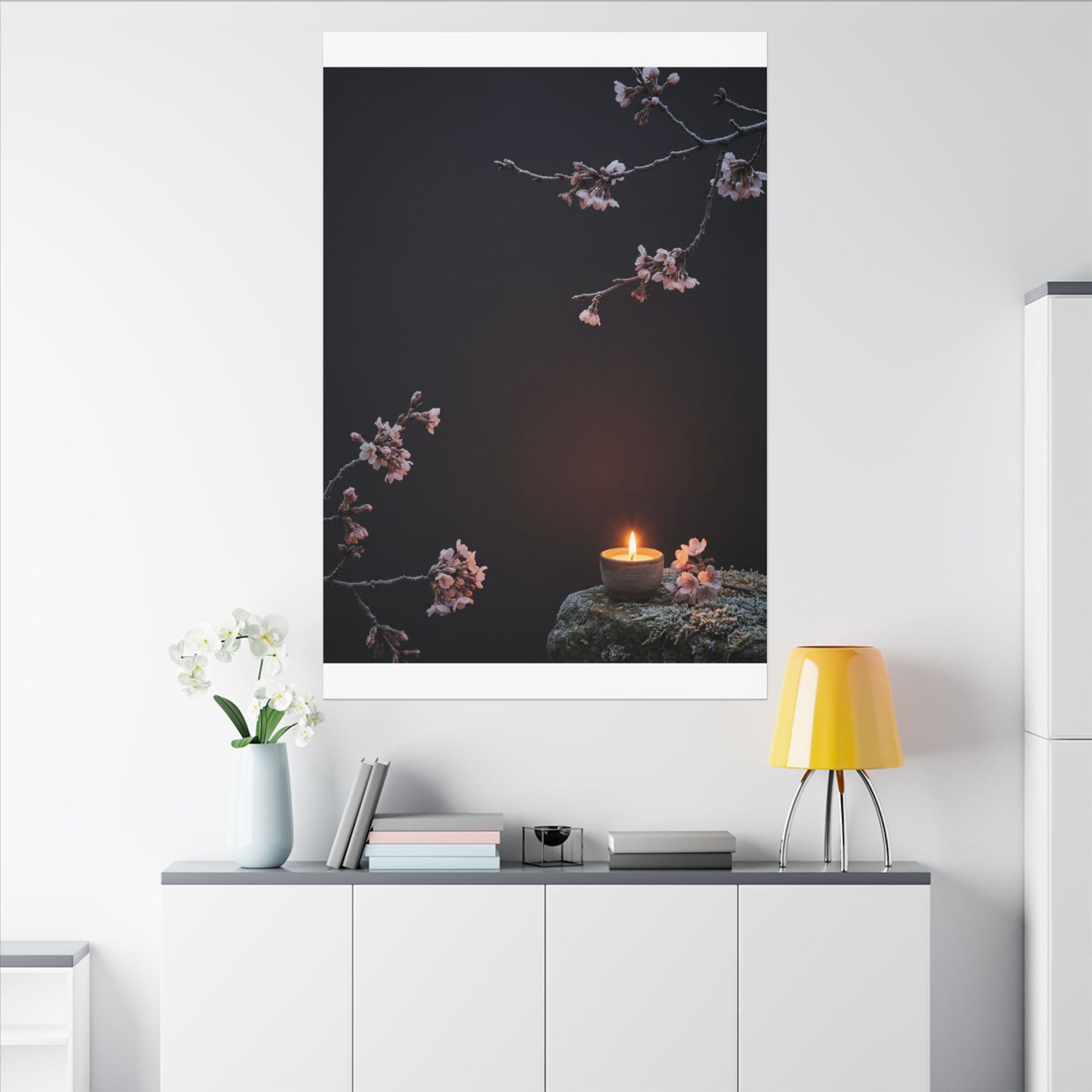 Dark Japandi Cherry Blossom in Candlelight | Moody Minimal Canvas Art