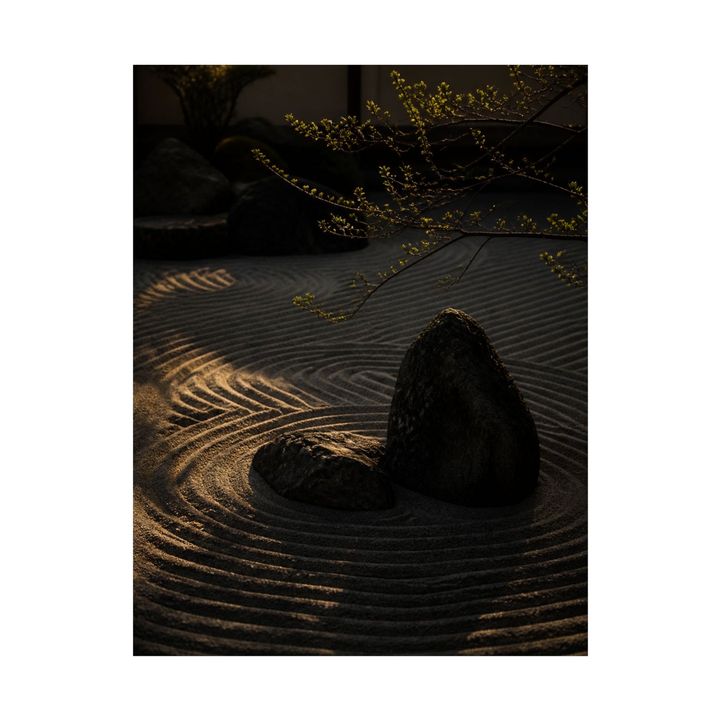 Golden Hour Rock Garden Wall Art Print - Dark Japandi Ma