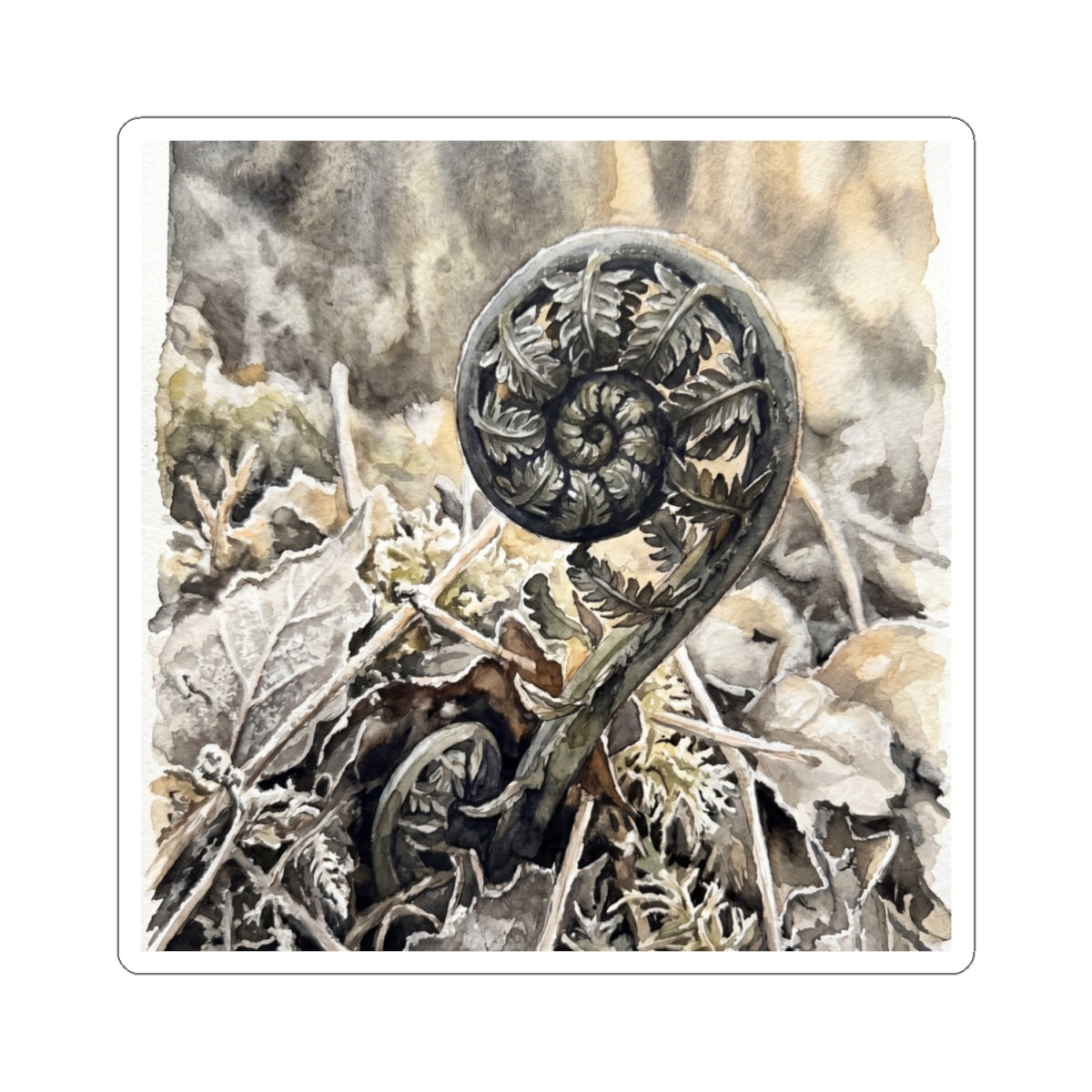 Cozy Fern Unfurling Sticker - Watercolor Japandi
