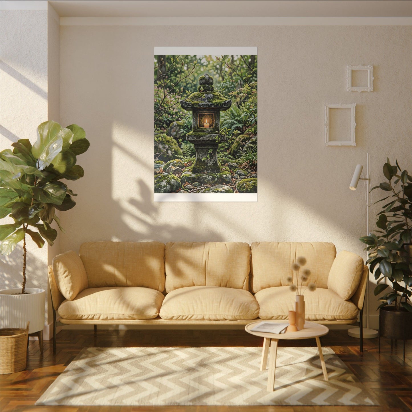Neutral Stone Lantern Canvas Art - Japanese Pattern Japandi
