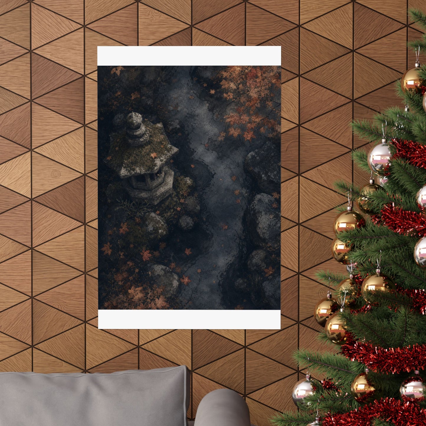 Japandi Stone Lantern in Moonlight | Texture Wall Art Print