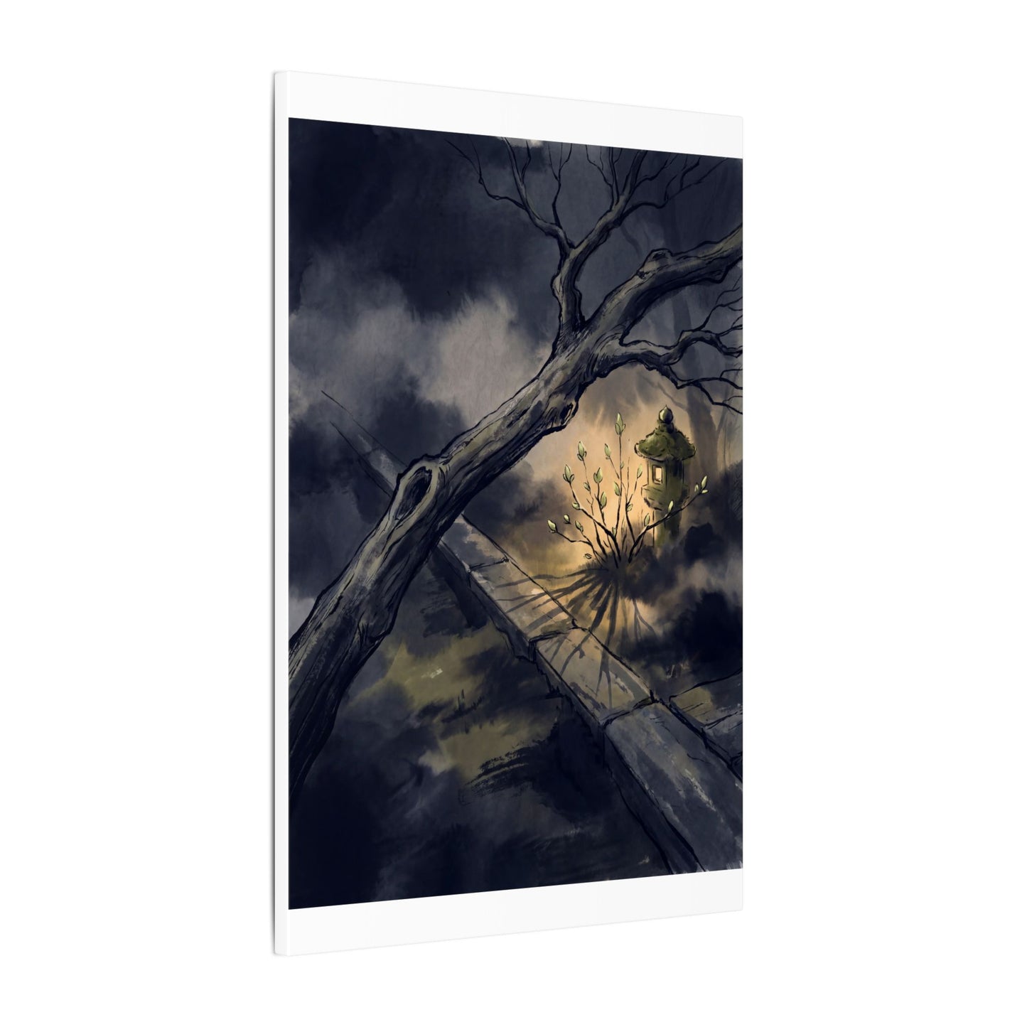 Dark Japandi Moonlit Garden in Golden Hour | Charcoal Ink Canvas Art