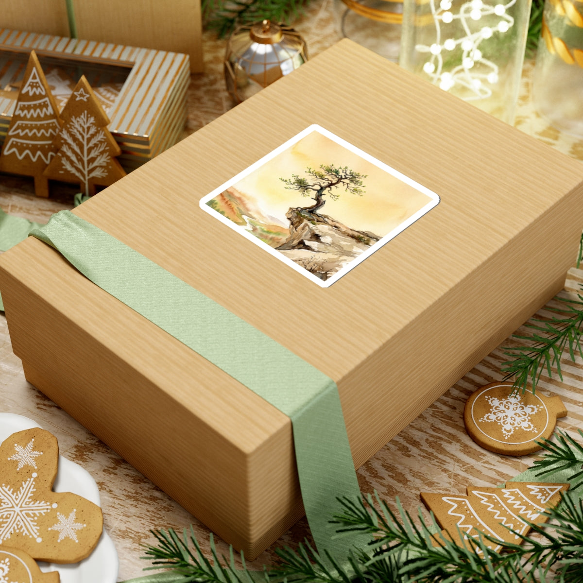 Pine Tree Watercolor Sticker | Warm Japandi Art Art Print