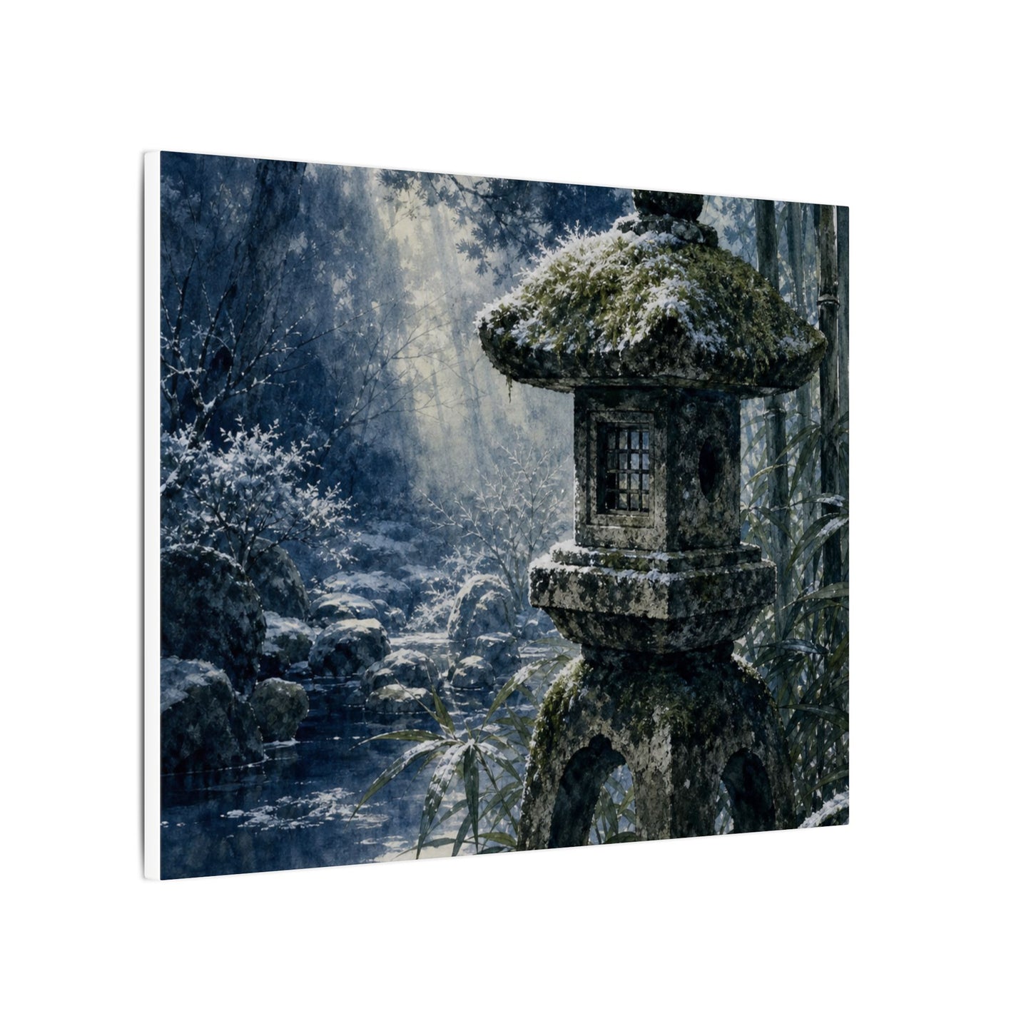 Zen Stone Lantern in Dappled | Sumi E Canvas Art