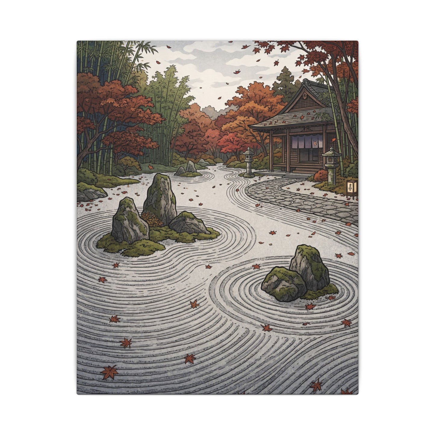 Autumn Rock Garden Ukiyo E Inspired Canvas Art | Peaceful Decor