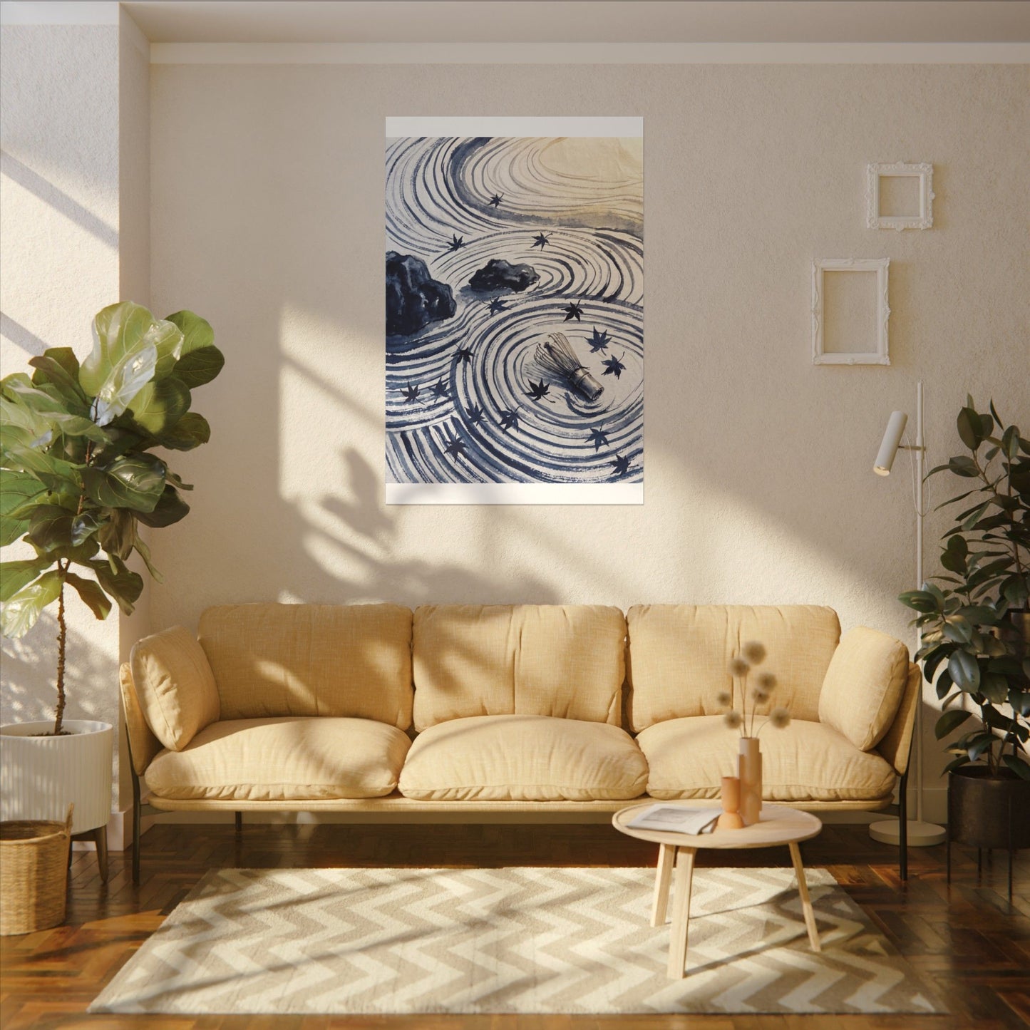 Zen Rock Garden in Golden Hour | Sumi E Canvas Art