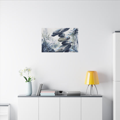Zen River Stones in Moonlight | Sumi E Canvas Art