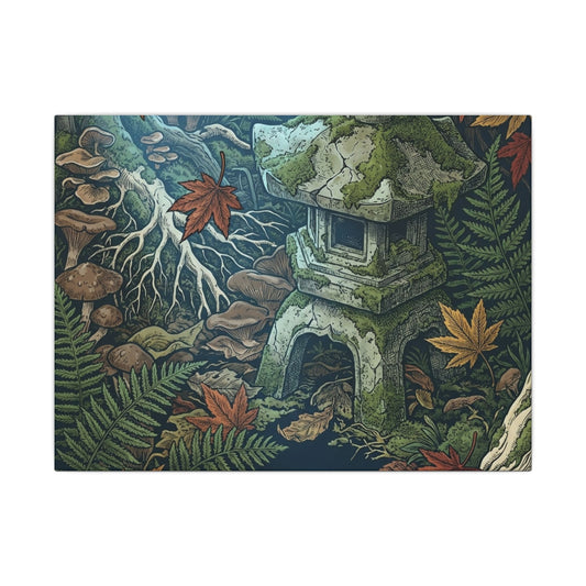 Autumn Stone Lantern Vintage Botanical Canvas Art | Cozy Decor Art Print