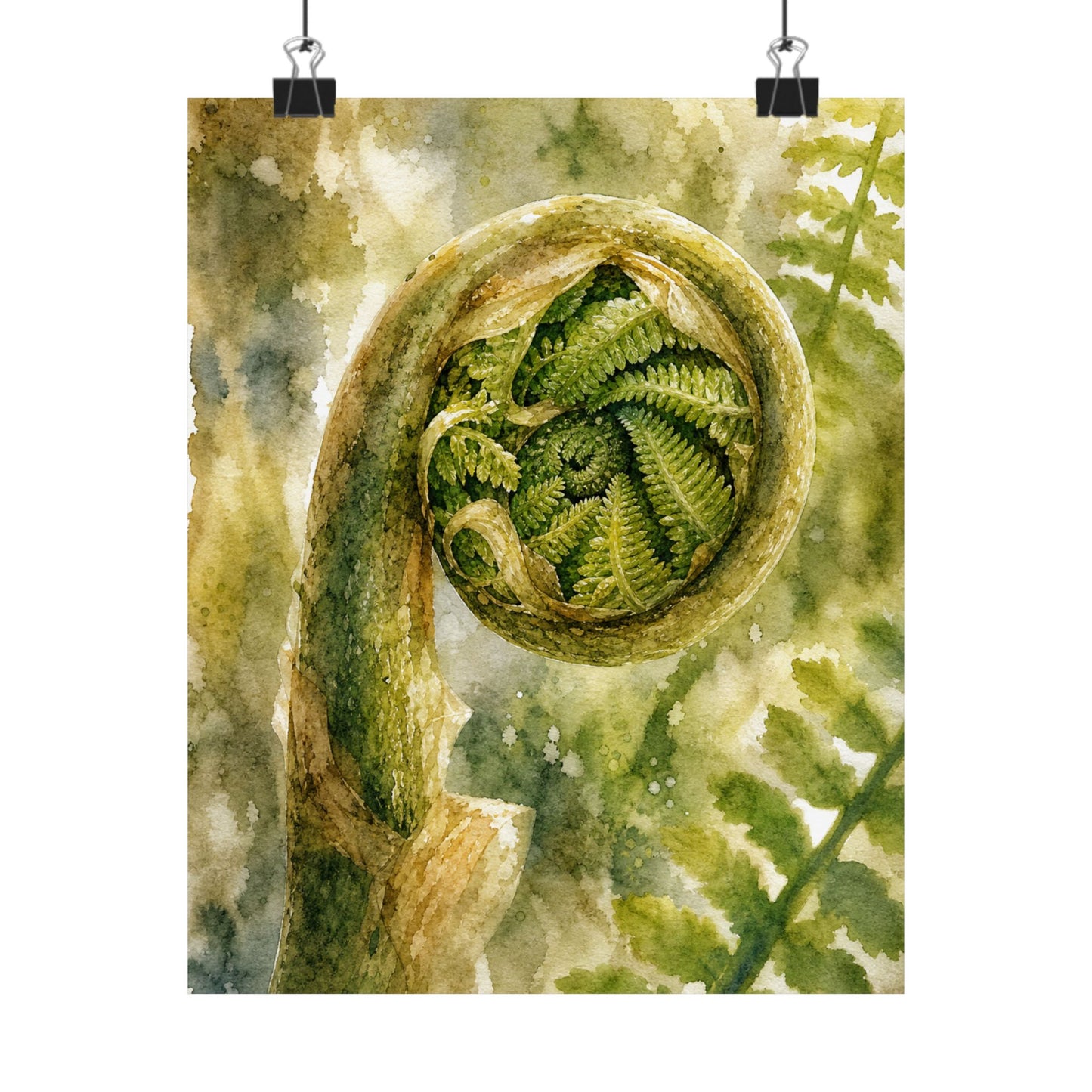 Elegant Fern Unfurling Wall Art Print - Watercolor Japandi