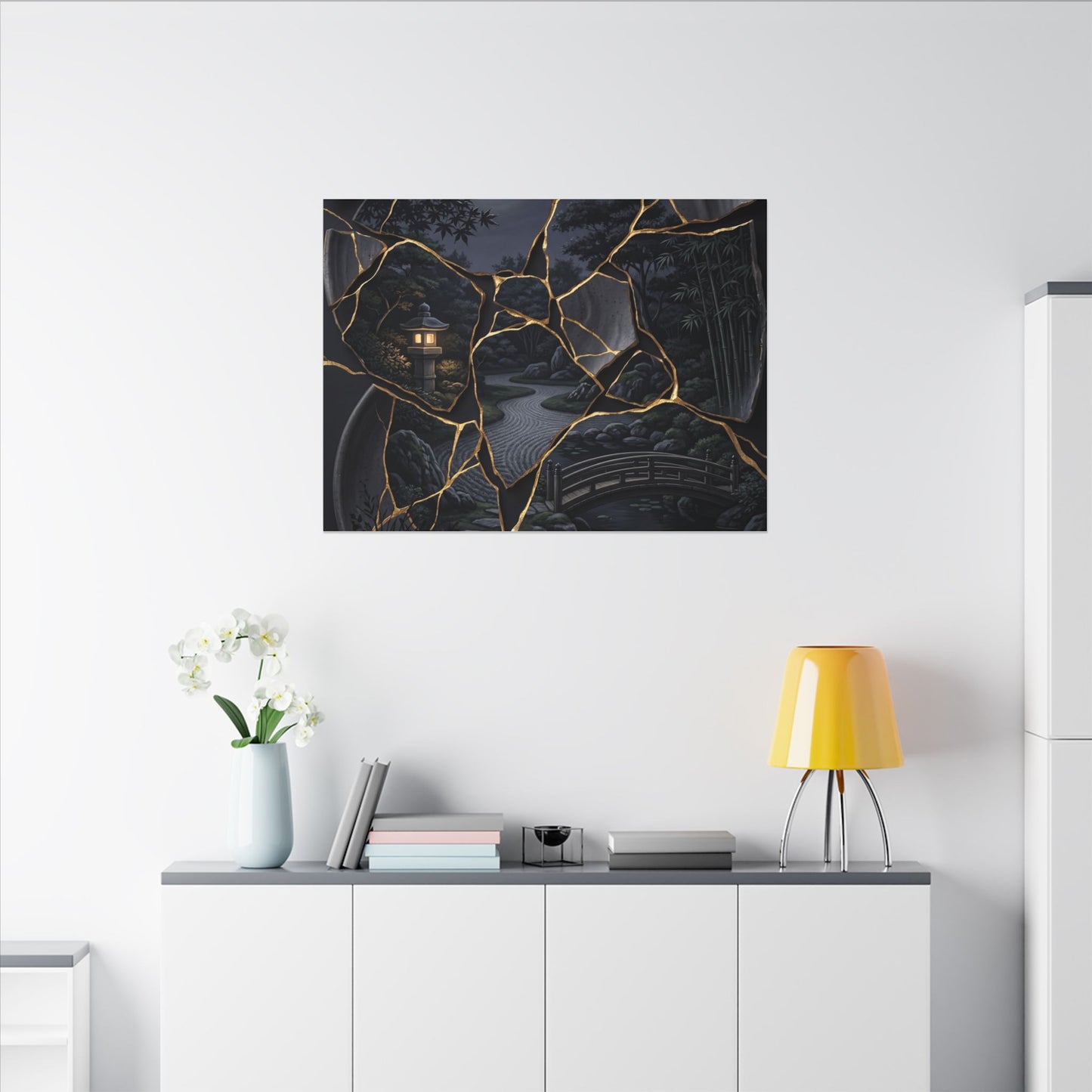Kintsugi Moonlit Garden in Golden Hour | Gold Repair Canvas Art
