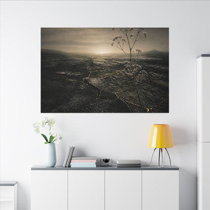 Dawn Cracked Earth Canvas Art - Dark Japandi Mono No Aware