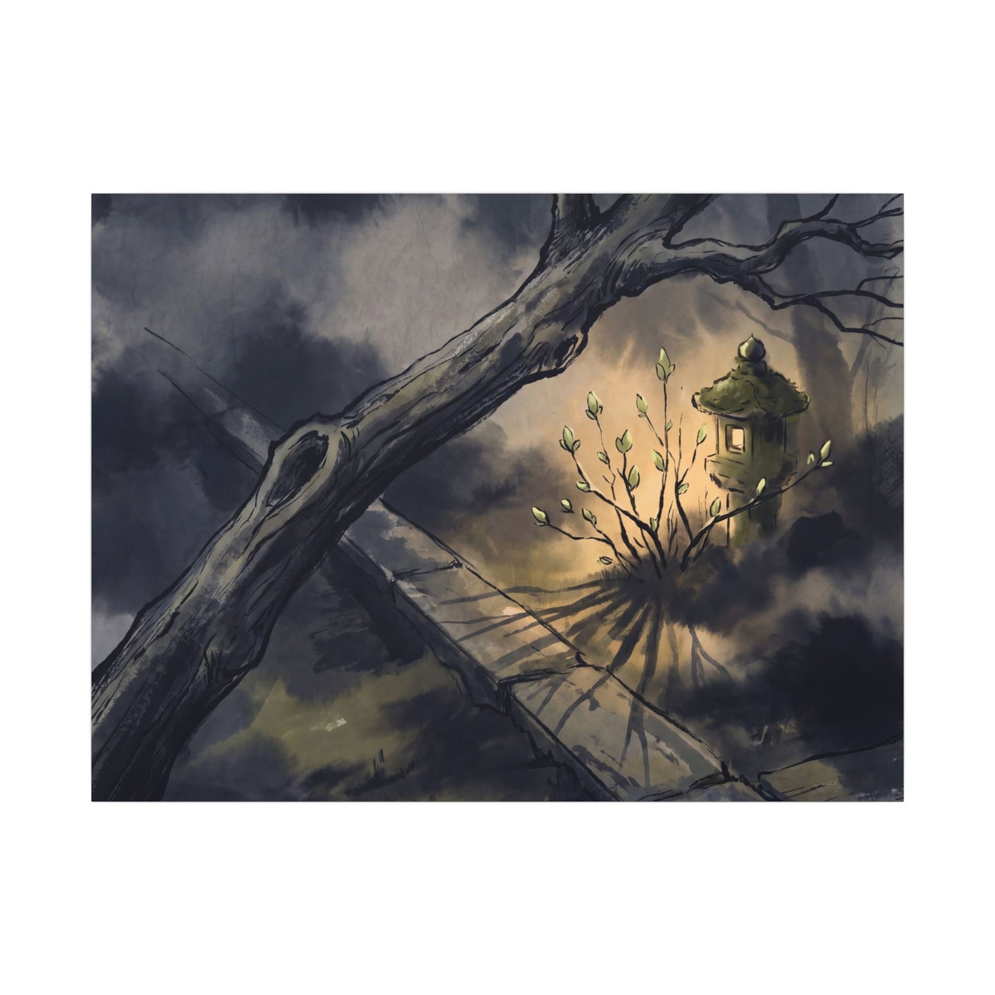 Dark Japandi Moonlit Garden in Golden Hour | Charcoal Ink Canvas Art