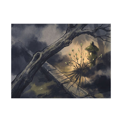 Dark Japandi Moonlit Garden in Golden Hour | Charcoal Ink Canvas Art