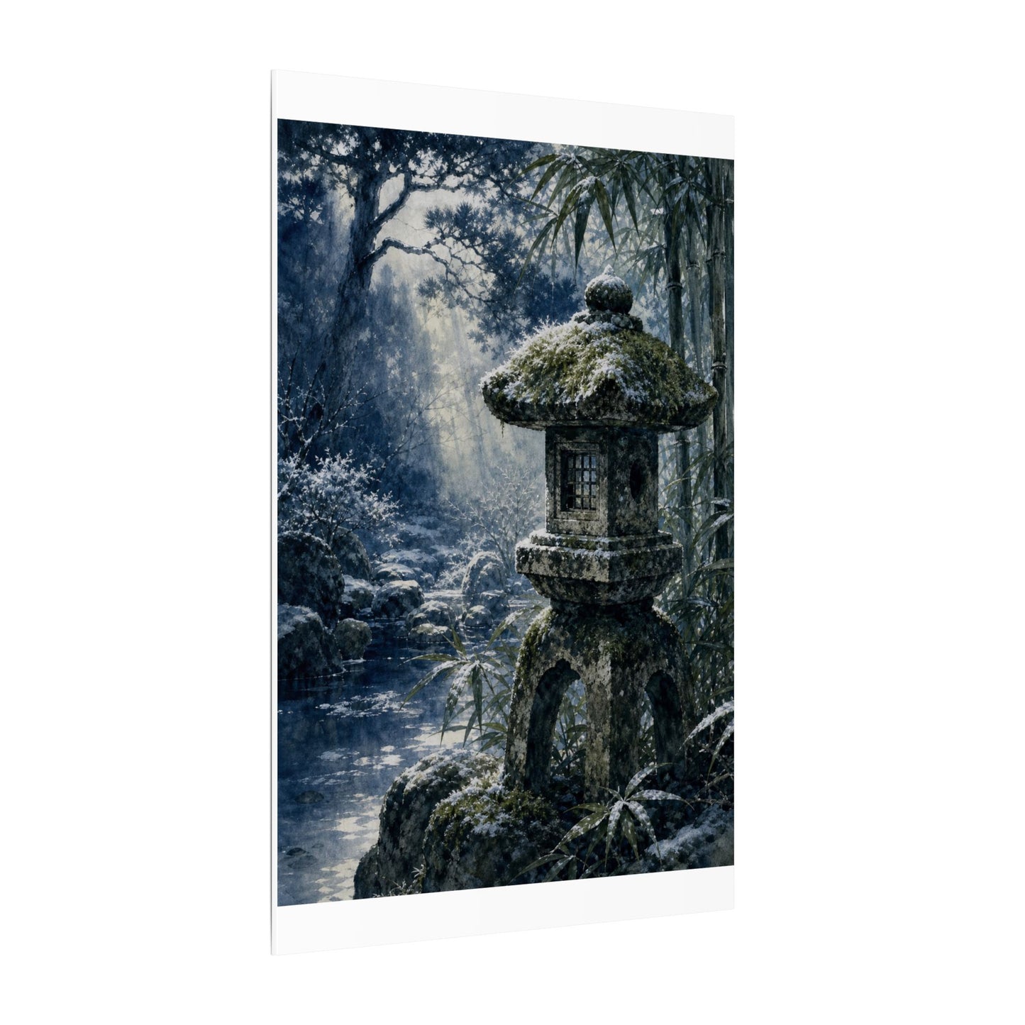 Zen Stone Lantern in Dappled | Sumi E Canvas Art