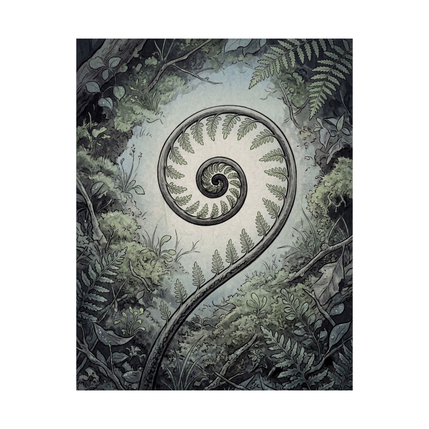 Contemplative Fern Unfurling Wall Art Print - Ukiyo E Inspired Zen