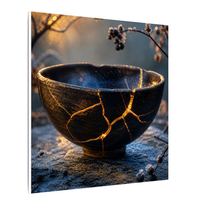 Ceramic Bowl Canvas Art | Winter Kintsugi Gold Repair Art