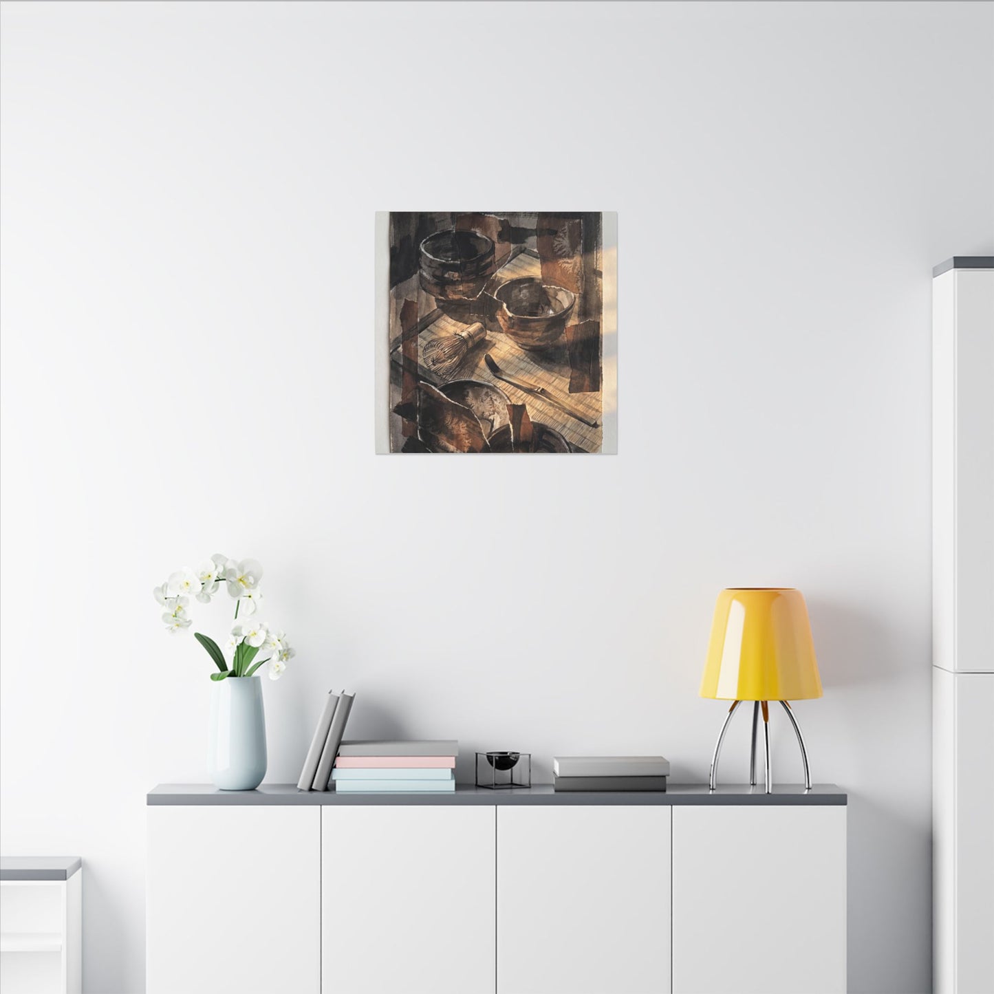 Tea Ceremony Charcoal Ink Canvas Art | Luxurious Dark Japandi Art