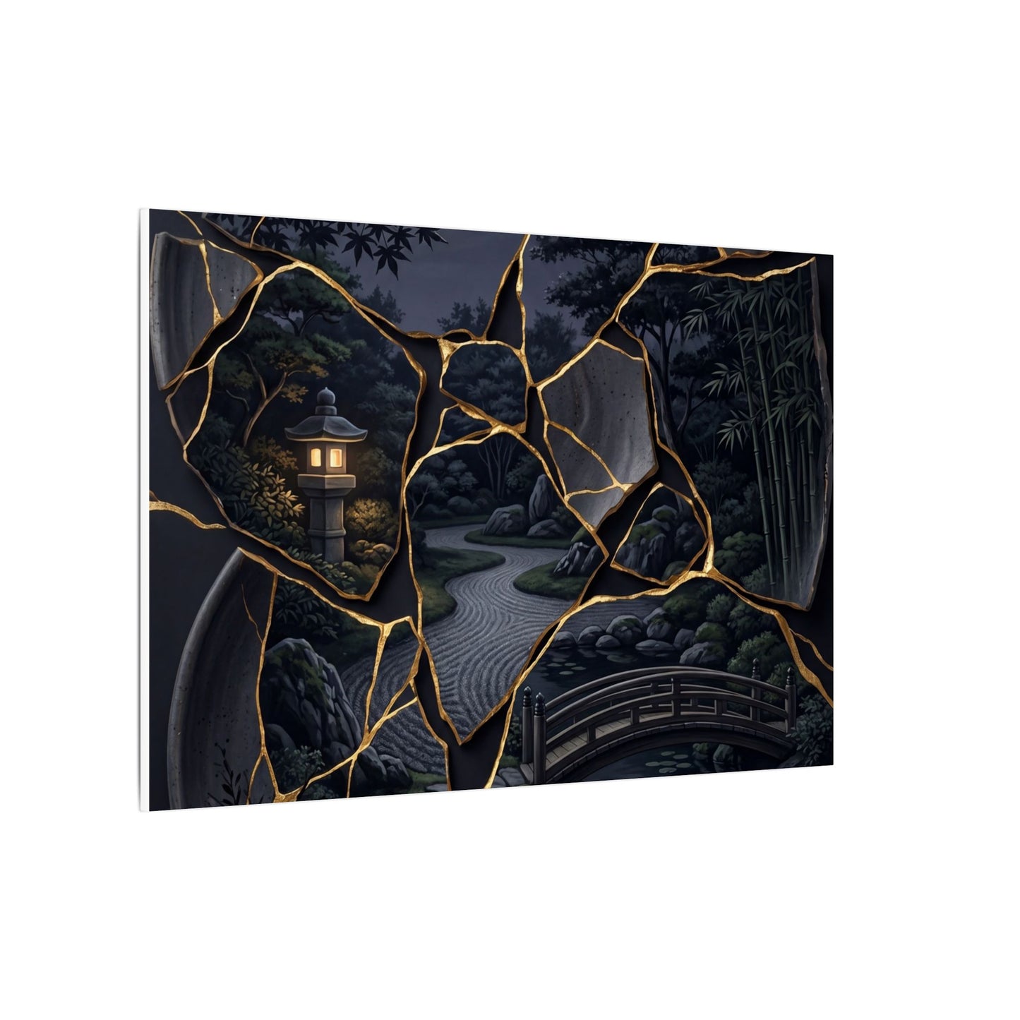 Kintsugi Moonlit Garden in Golden Hour | Gold Repair Canvas Art