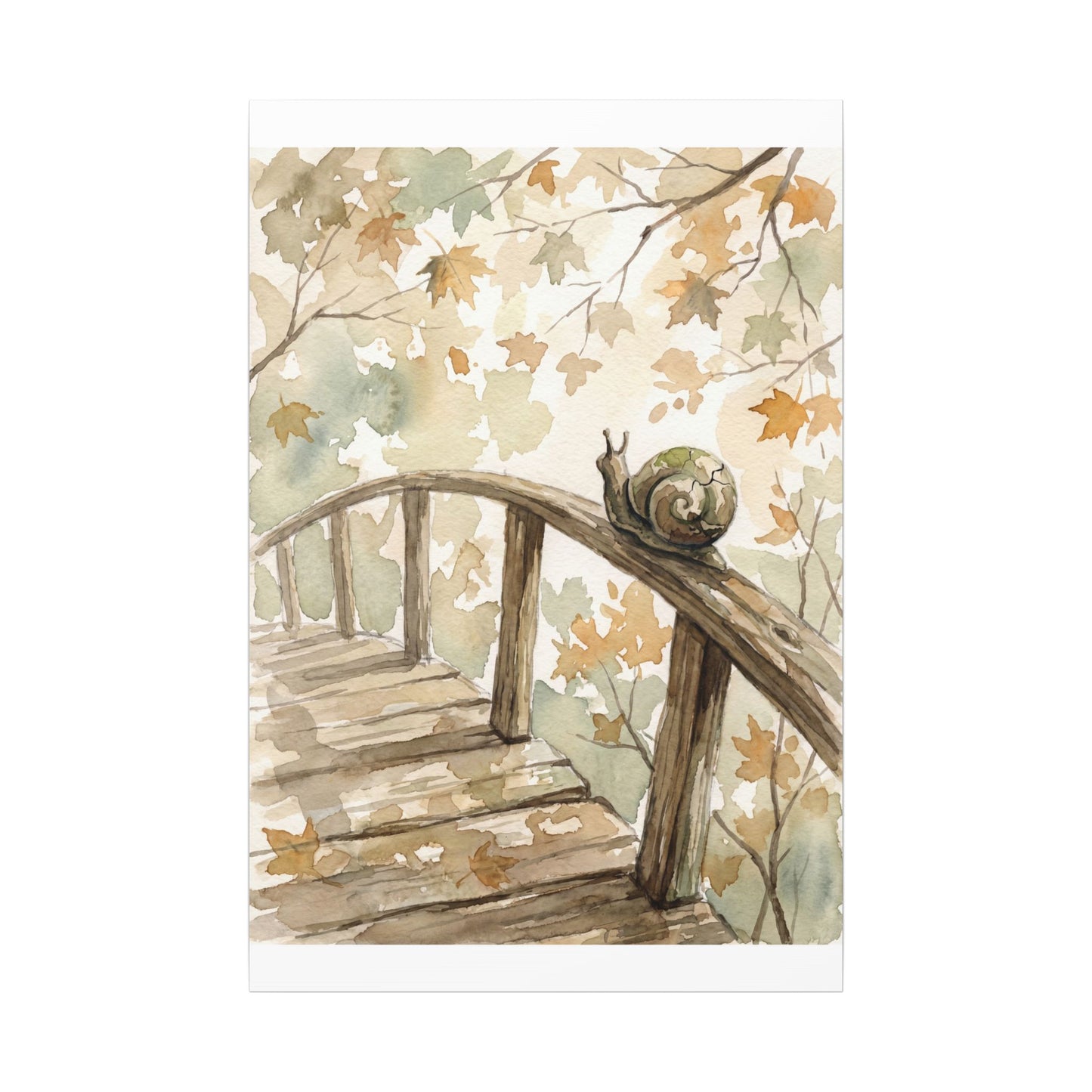 Wooden Bridge Canvas Art | Autumn Japandi Watercolor Art