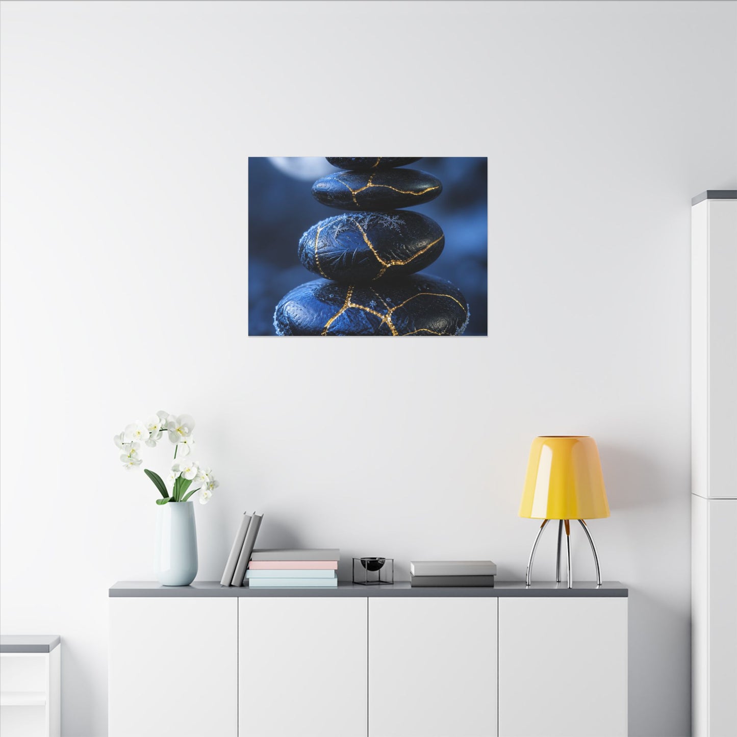 River Stones Canvas Art | Winter Kintsugi Gold Repair Art