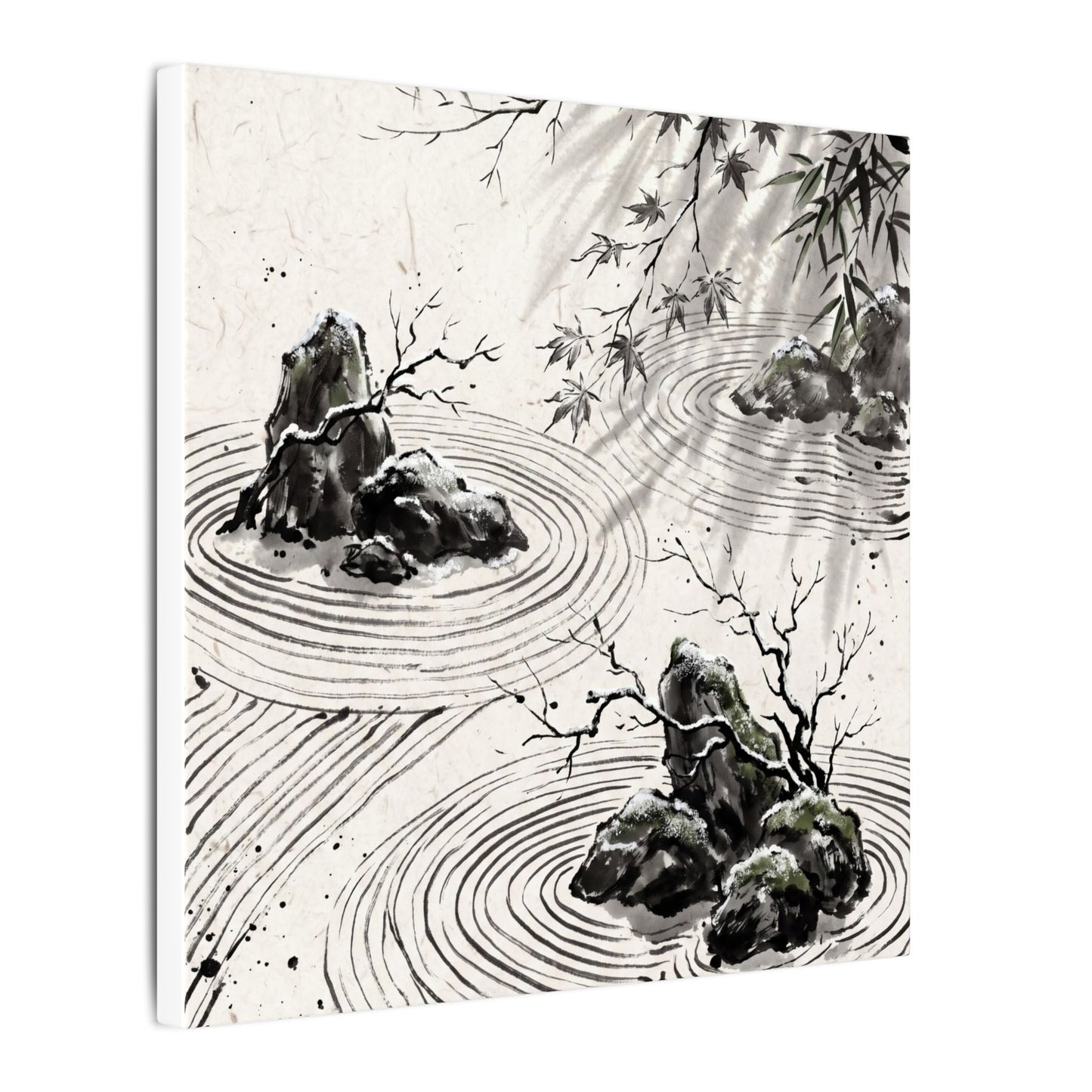 Rock Garden Canvas Art | Winter Zen Sumi E Art