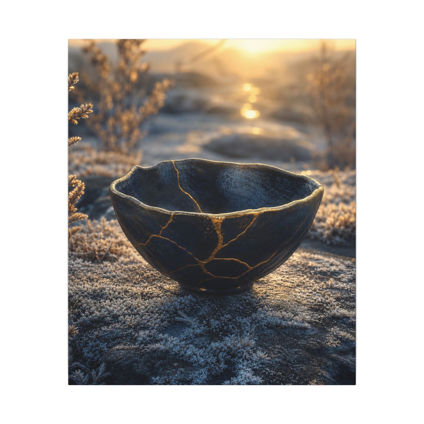 Ceramic Bowl Canvas Art | Winter Kintsugi Gold Repair Art