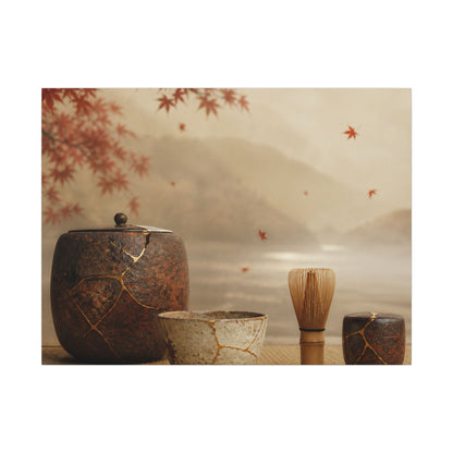 Tea Ceremony Canvas Art | Autumn Kintsugi Gold Vein Art