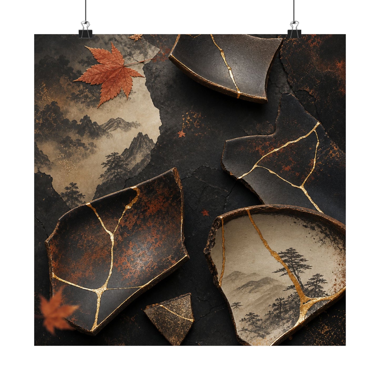 Broken Pottery Wall Art Print | Autumn Kintsugi Gold Vein Art