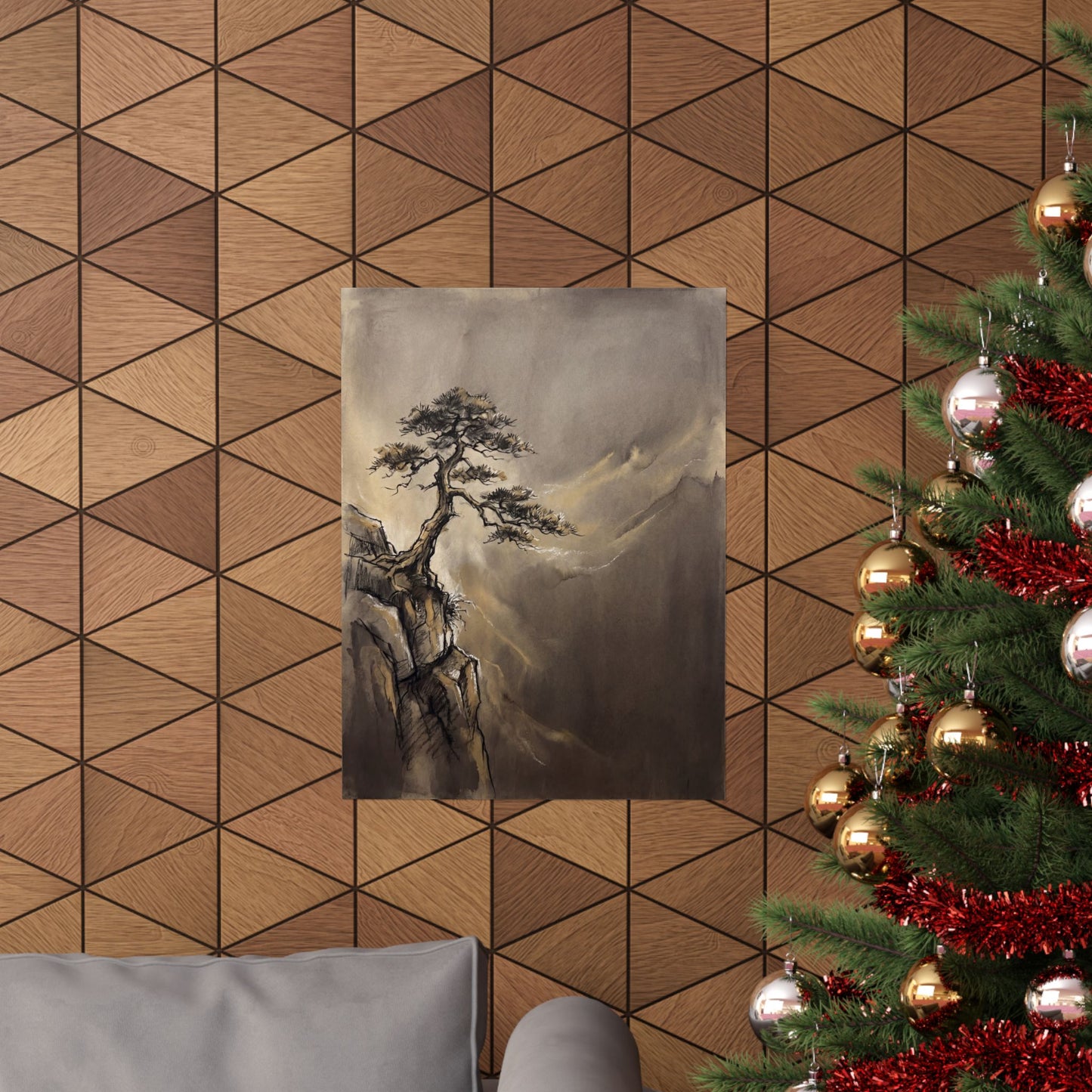 Golden Hour Pine Tree Wall Art Print - Dark Japandi Ma