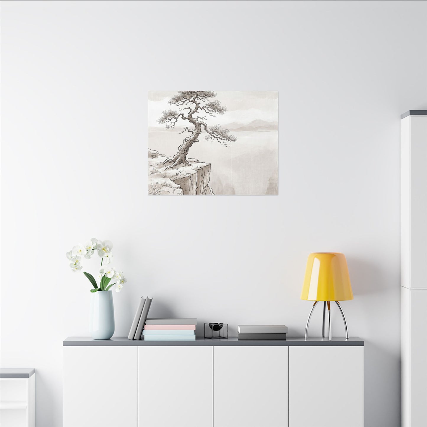 Neutral Pine Tree Canvas Art - Minimal Line Japandi