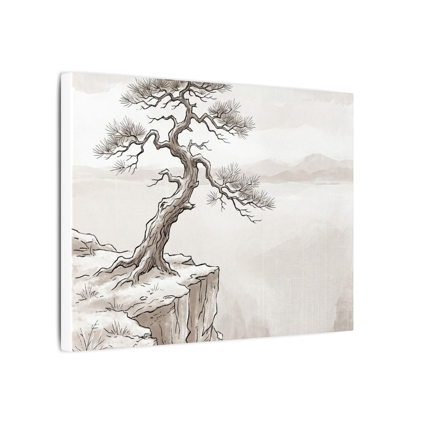 Neutral Pine Tree Canvas Art - Minimal Line Japandi