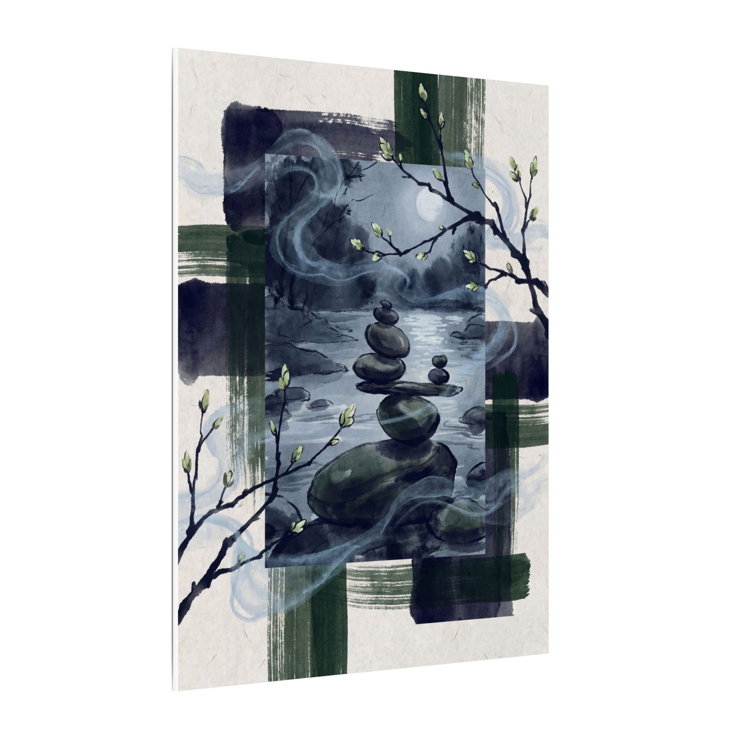 Moonlight River Stones Canvas Art - Zen Shibui