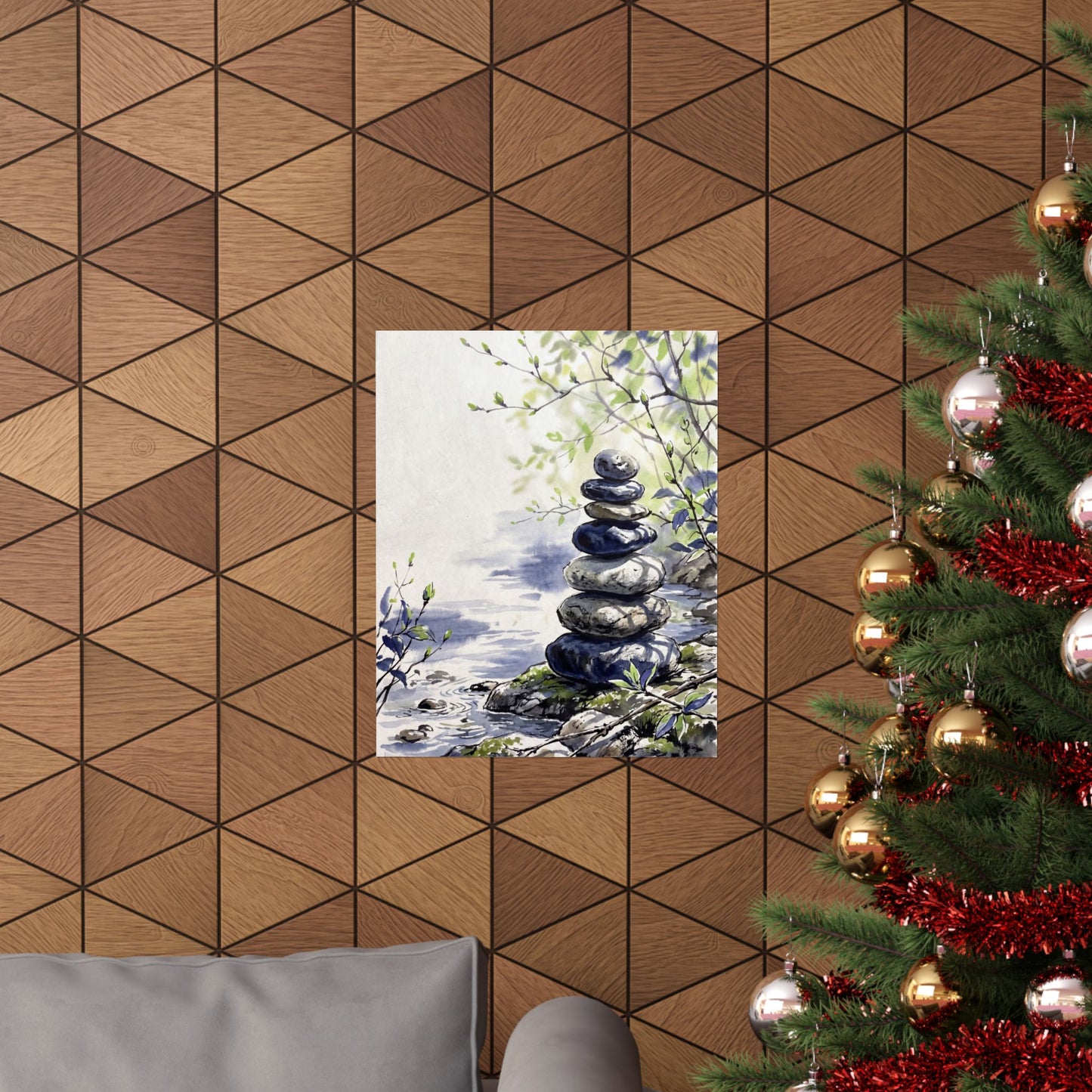 Zen River Stones in Dappled | Sumi E Wall Art Print