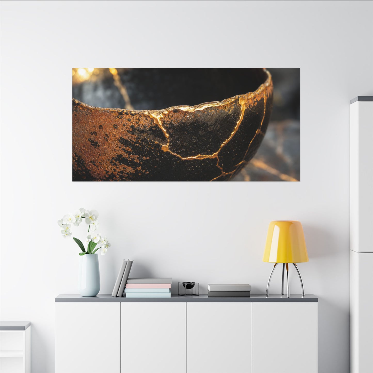 Kintsugi Ceramic Bowl in Golden Hour | Gold Vein Canvas Art