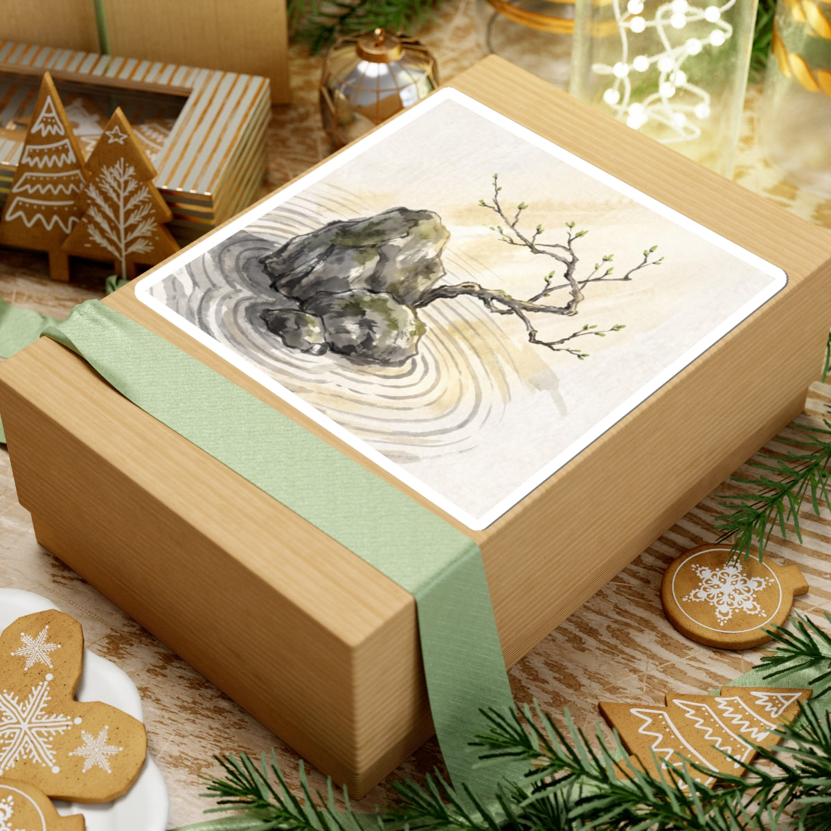 Zen Rock Garden in Golden Hour | Sumi E Sticker Art Print