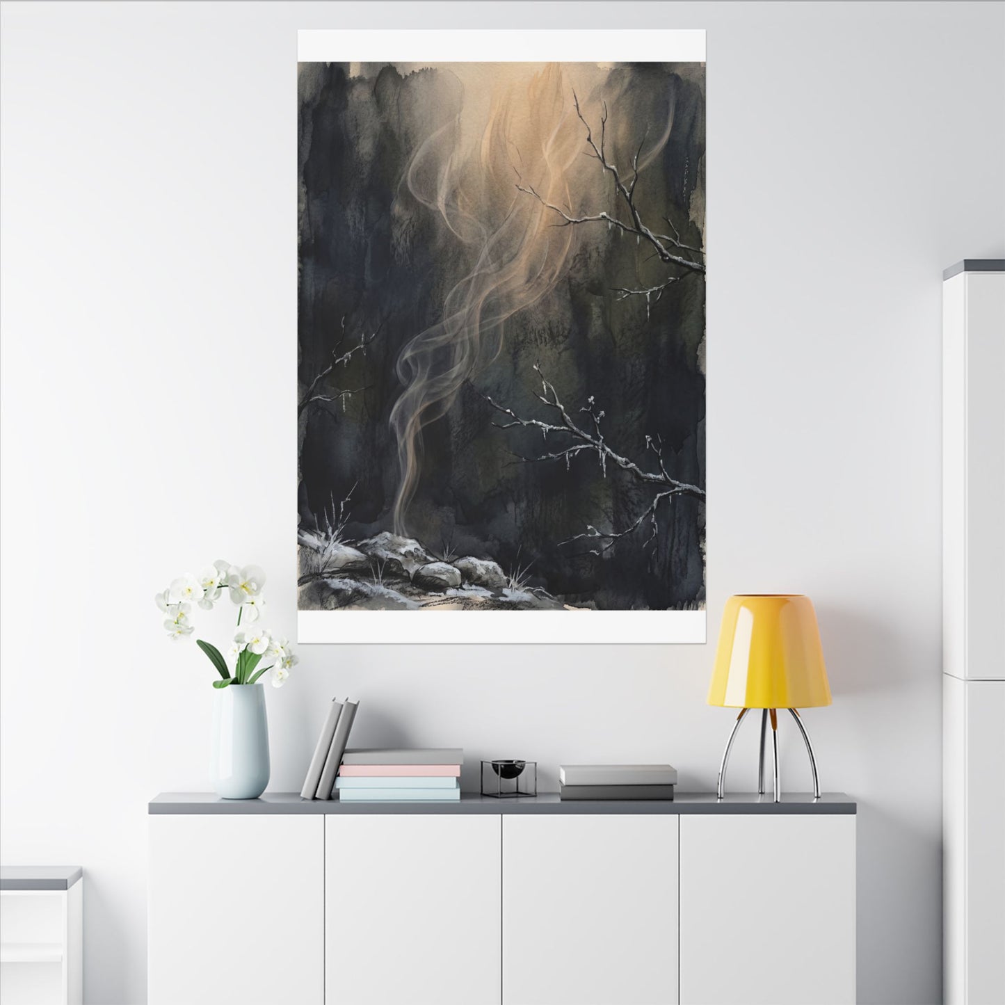 Incense Smoke Winter Canvas Art | Dark Japandi Moody Design