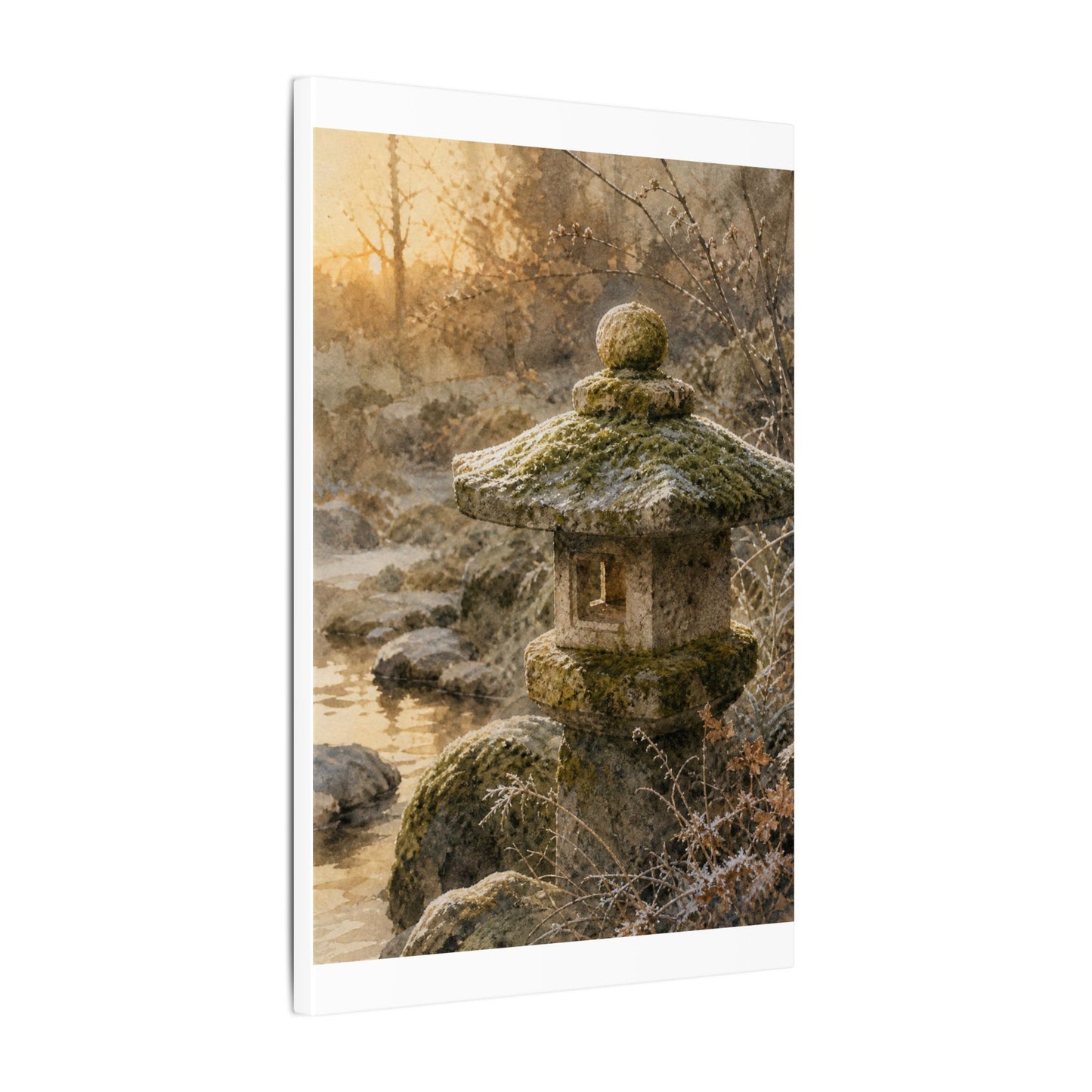 Winter Stone Lantern Watercolor Canvas Art | Earthy Decor